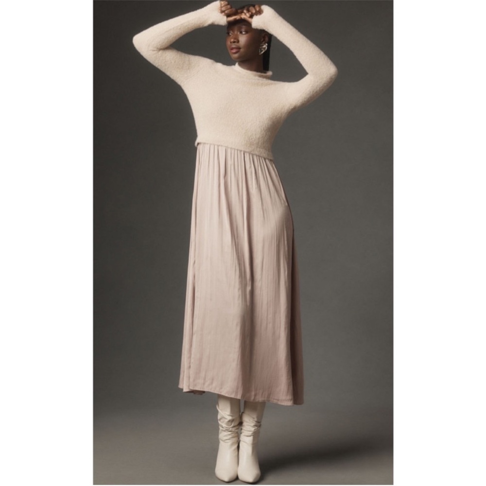 ANTHROPOLOGIE | Thea Long-Sleeve Twofer Sweater Dress in Neutral, Size Small